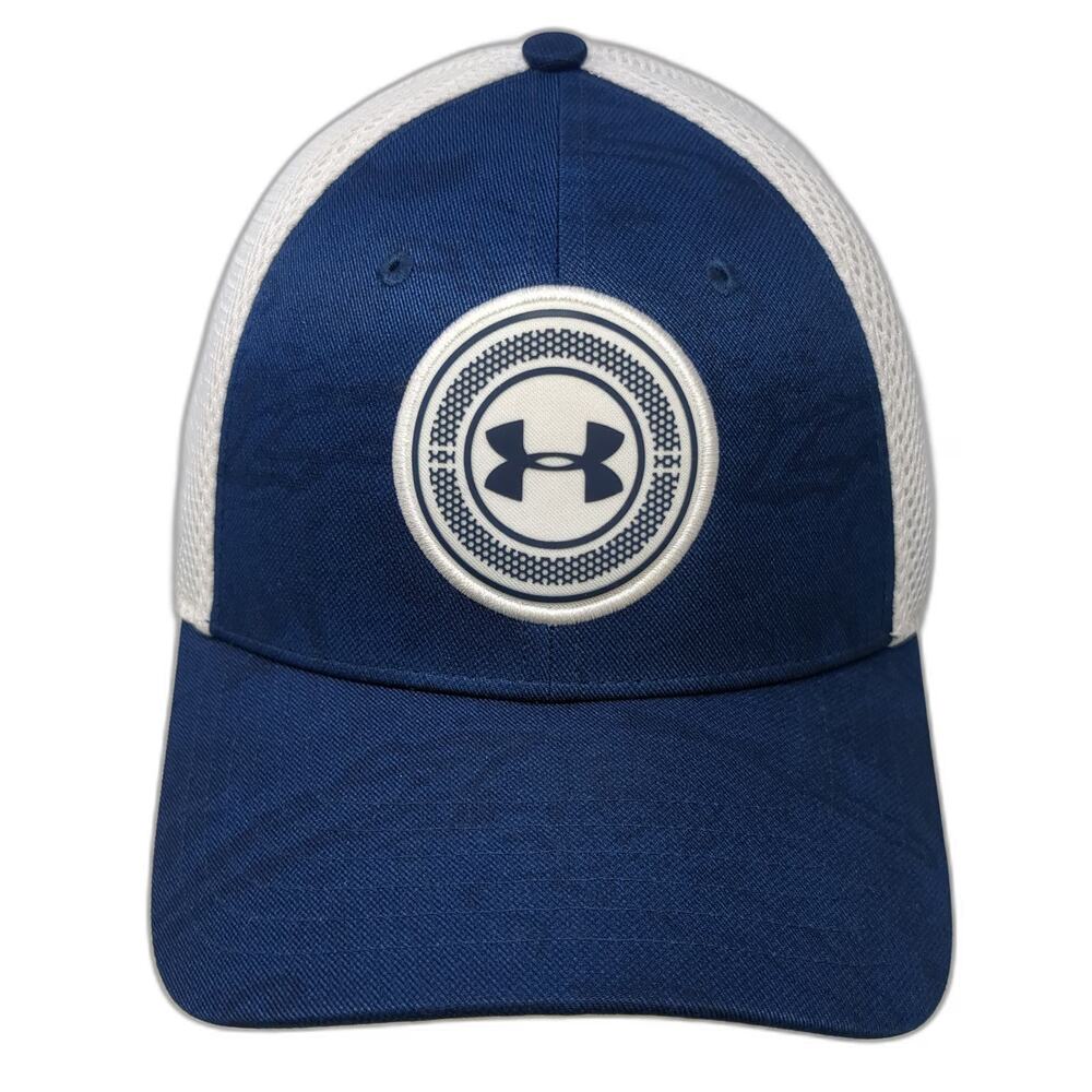 Under Armour Baseball Cap Blue White XL Fitted Mesh Back UA Golf Patch Hat